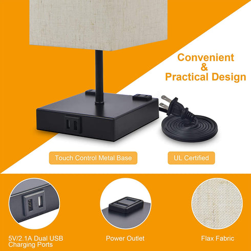 3-Way Touch Control Dimmable Bedside Lamp,Hansang Modern Table Lamp with 2 USB Charging Ports,2 AC Outlets,Nightstand Lamp Square Fabric Lampshade for Bedroom,Living Room,Dimmable LED Bulb Included