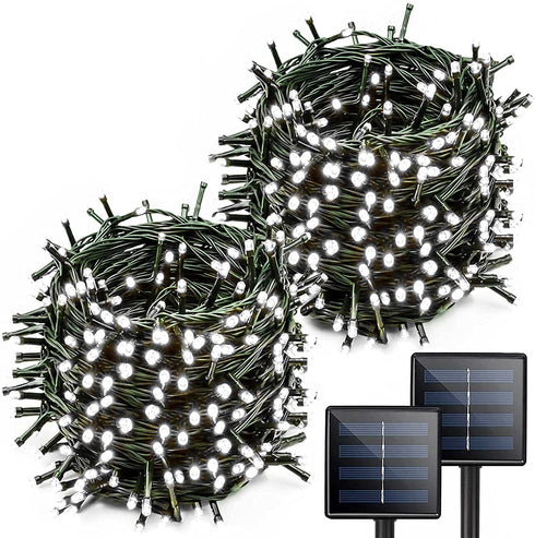YIQU White Extra-Long 2-Pack Each 72ft 200 LED Solar String Lights Outdoor, Waterproof Green Wire 8 Lighting Modes Solar Christmas Lights for Garden Patio Tree Party Wedding Decorations (Cool White)