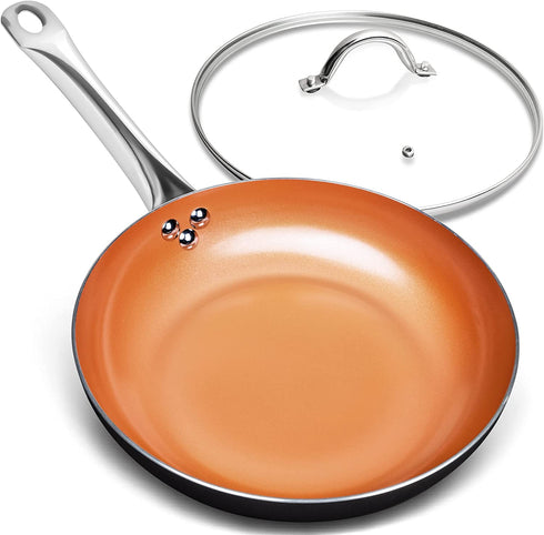 Michelangelo 8 Inch Frying Pan Nonstick, Copper Frying Pan with Lid, Small Frying Pan with Ceramic Coating, Nonstick Frying Pan 8 Inch, Small Copper Skillet, Small Fry Pan - 8 Inch