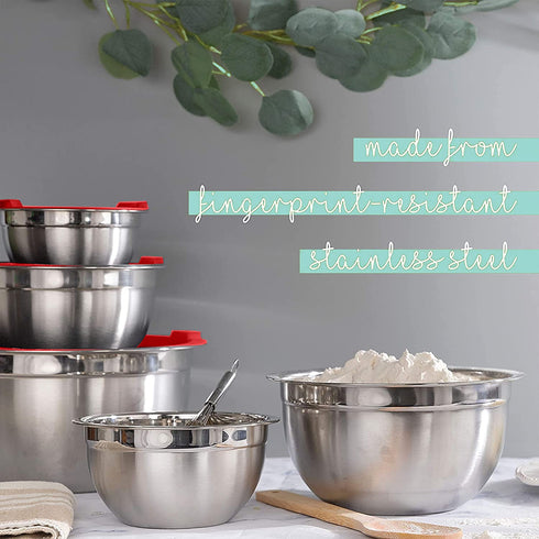 Meal Prep Stainless Steel Mixing Bowls Set, Home, Refrigerator, and Kitchen Food Storage Organizers | Ecofriendly, Reusable, Heavy Duty By WHYSKO (With Red Lids)
