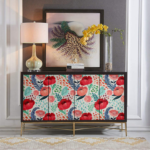 Blooming Wall Peel&Stick Red Flower Green Leaves Self-Adhesive Prepasted Wallpaper Wall Mural (Red Floral)