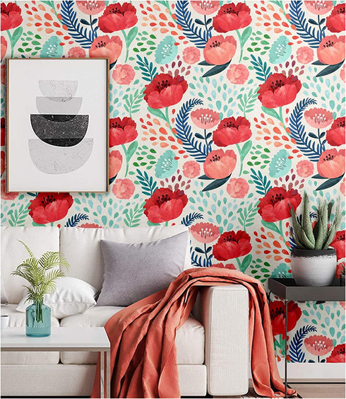 Blooming Wall Peel&Stick Red Flower Green Leaves Self-Adhesive Prepasted Wallpaper Wall Mural (Red Floral)