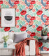 Blooming Wall Peel&Stick Red Flower Green Leaves Self-Adhesive Prepasted Wallpaper Wall Mural (Red Floral)