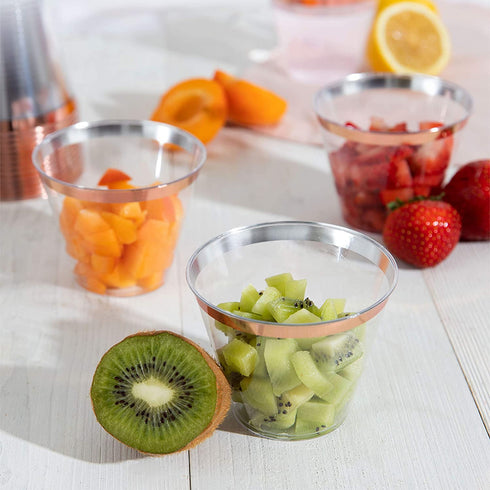 Plasticpro 9 oz Disposable Plastic Party Cups,Old fashioned Designed Tumblers, Crystal Clear (Clear With Rose Gold Rim, 100)