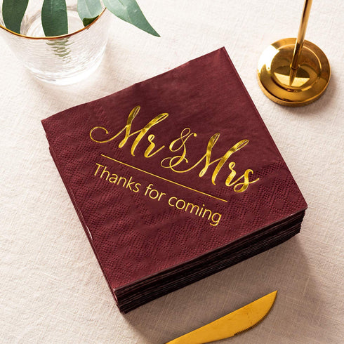 Crisky Wedding Napkins Mr Mrs Burgundy Gold Cocktail Beverage Dessert Napkins for Wedding Shower Engagement Party Decorations, 100 Pcs, 3-Ply