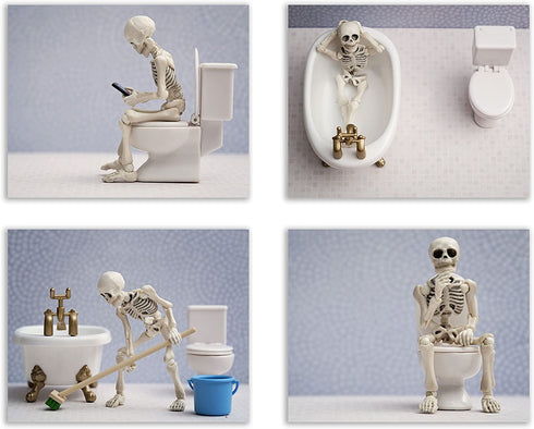 Skeleton Bathroom Prints - Funny Hipster Skull and Bones Wall Art Decor - Set of 4 (8 x 10) Photos