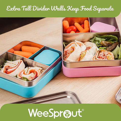 WeeSprout 18/8 Stainless Steel Bento Box (Compact Lunch Box) - 3 Compartment Metal Lunch Containers, Skid-proof Silicone Sleeve, for Kids & Adults, Bonus Dip Container, Fits in Lunch Bag & Backpack