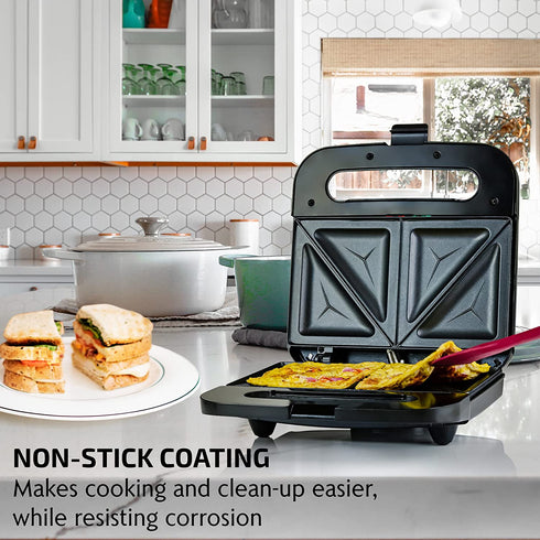Ovente Electric Indoor Sandwich Grill Maker with Non-Stick Cast Iron Grilling Plates, 750W Countertop Bread Toaster Easy Storage & Clean Perfect for Breakfast Grilled Cheese Egg & Steak, Black GPS401B