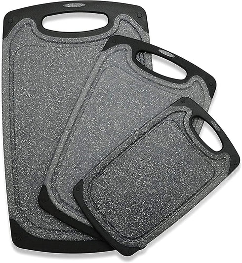 Plastic Cutting Board, 3 Pieces Dishwasher Safe Cutting Boards with Juice Grooves, Easy Grip Handle, Non-Slip, with Grinding Area for Grinding Garlic and Ginger