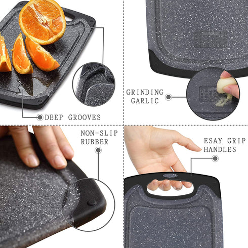 Plastic Cutting Board, 3 Pieces Dishwasher Safe Cutting Boards with Juice Grooves, Easy Grip Handle, Non-Slip, with Grinding Area for Grinding Garlic and Ginger