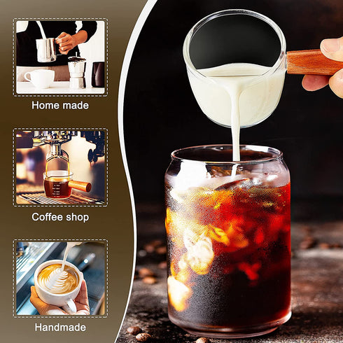 Tanlade Single Spout Espresso Shot Glass with Wood Handle Espresso Glass 75 ml Carafe Shot Glass Measuring Cup Mini Milk Glass Cup with Handle for Milk Coffee Espresso Making (1)
