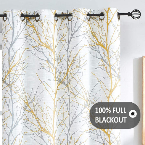 FMFUNCTEX Yellow White Blackout Curtain Panel for Bedroom Modern Tree Branch Print Curtain for Living Room Extra Long 108" Hotel Window Drapes 1pc Grommet Top