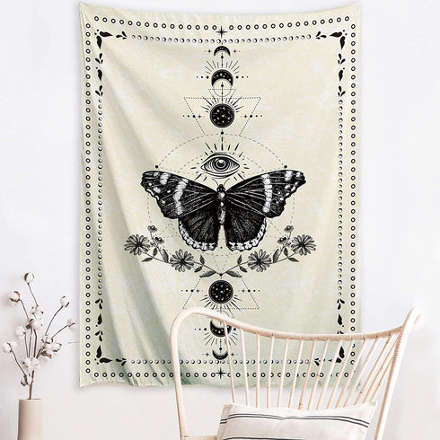 MENORCA Moon Phase Butterfly Wall Tapestry Hanging For Bedroom Aesthetic, Vertical Beige Vintage Tapestry-60 Inch Wide * 80 Inch High