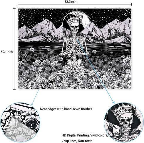 Skull Floral Tapestry Meditation Skeleton Tapestry Mountain Wave Tapestry Moon and Star Tarot Tapestry Starry Black and White Tapestry(59.1 x 82.7 inches)