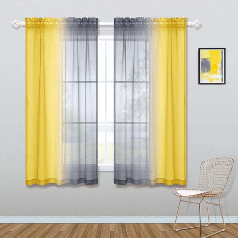 Kitchen Curtains Grey and Lemon Yellow Summer Decor Ombre Sheer Short Curtains for Bathroom Small Windows Sunflower Yellow Light Gray 45 Inch Length