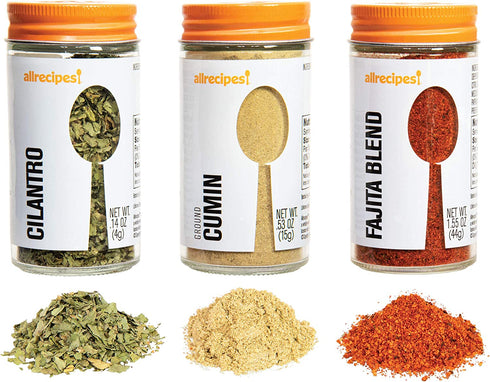 Allrecipes Taste of Mexico (Cilantro, Ground Cumin, Fajita Blend) in Glass Jars with Removable Sifter Caps for Sprinkling, Set of 3
