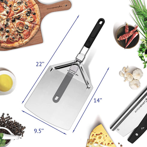 KitchenStar Stainless Steel Pizza Peel with Folding Handle (9.5 x 14 Inches) for Oven Pizza Turning, Placement and Retrieving - Professional Baking Tools Series