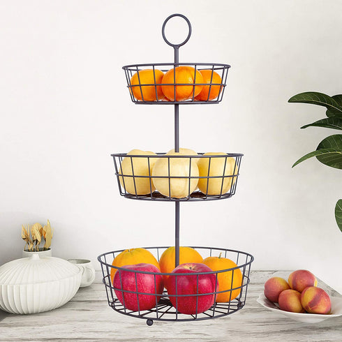 HANZE 3-Tier Wire Fruit Basket Bowl, Detachable Vegetable Bread Countertop Display Storage Stand Rack for Kitchen Bathroom Hanging Organize, Brown