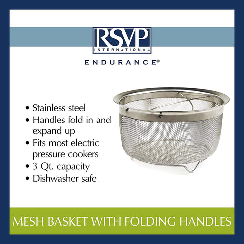 RSVP International Mesh Colander Strainer Basket with Folding Handles, 3 Quarts | For Pasta, Frying, & Salads | Dishwasher Safe | Use in Pressure Cookers | Steaming, Draining & Rinsing
