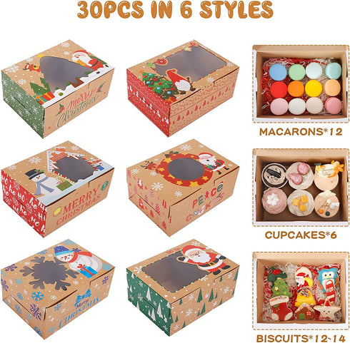 30 Pack Christmas Cookie Boxes for Gift Giving Christmas Bakery Box with Window Large Kraft Holiday Baking Box with Lids for Pastries Cupcakes Candy and Party Favor 8.3 x 5.9 x3.5 Inch by Colorbib