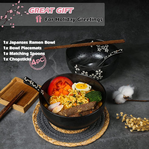 Bestjing Japanese Ramen Bowl set, Porcelain Bowls with Carved Sakura Patterns, 100% Hand-Finished, 32oz Large for All Purpose. Noodle bowl with Matching Spoon, Chopsticks &Bowl placemats, 4pc&Set of 1