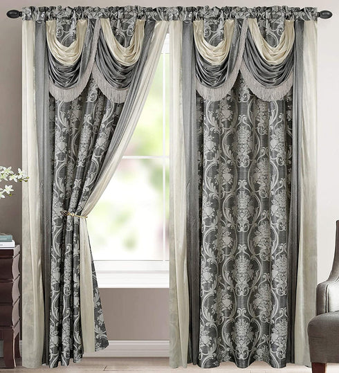 Bella Luxury Jacquard Curtain Panel with Attached Waterfall Valance & Scarf 54 by 84-Inch Grey