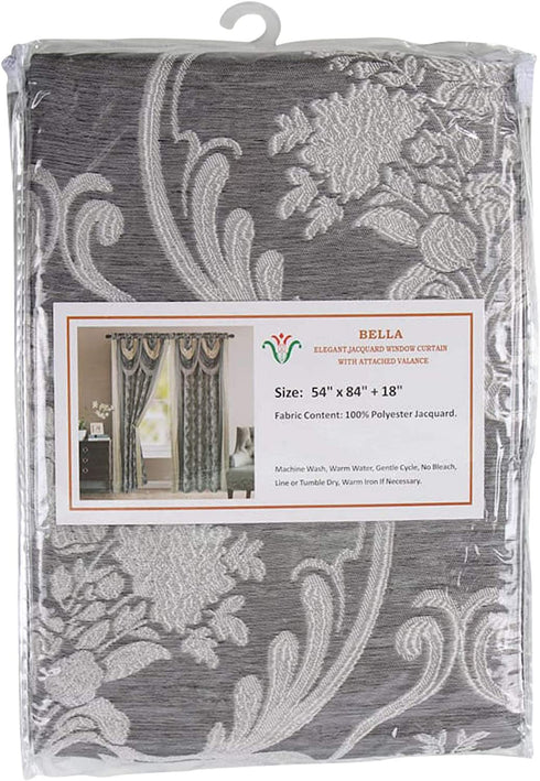 Bella Luxury Jacquard Curtain Panel with Attached Waterfall Valance & Scarf 54 by 84-Inch Grey