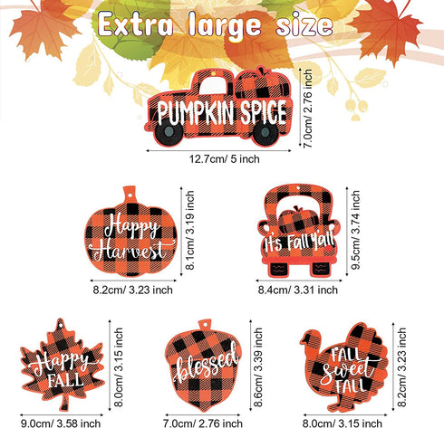 24 Pieces Thanksgiving Buffalo Plaid Ornament Wooden Hanging Sign Hanging Wishes Craft for Fall Harvest Wall Decoration 6 Styles Pumpkin Turkey Truck (Orange and Black) (Orange and Black, 24)