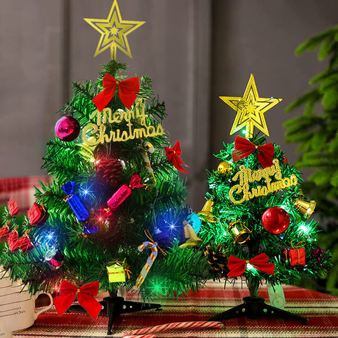 2Pc Mini Christmas Tree 20in &12in Tabletop Mini Xmas Tree Set with Lights,DIY Artificial Christmas Small Tree with Hanging Ornaments for Bedroom Dining Table Christmas Decor (A+B)