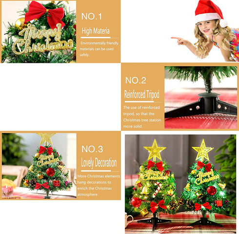 2Pc Mini Christmas Tree 20in &12in Tabletop Mini Xmas Tree Set with Lights,DIY Artificial Christmas Small Tree with Hanging Ornaments for Bedroom Dining Table Christmas Decor (A+B)