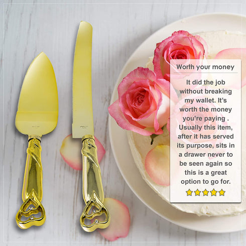 Gold Double Heart Wedding Cake Serving Set - Gold Wedding Cake Knife Set