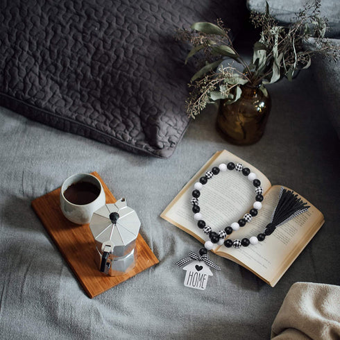 JOTFA Farmhouse Wood Bead Garland, Black & White Plaid Rustic Wooden Beads with Black Jute Buffalo Plaid Tassels Rustic Wooden HOME Sign for Farmhouse Tiered Tray D©cor Natural Country Chic Home D©cor