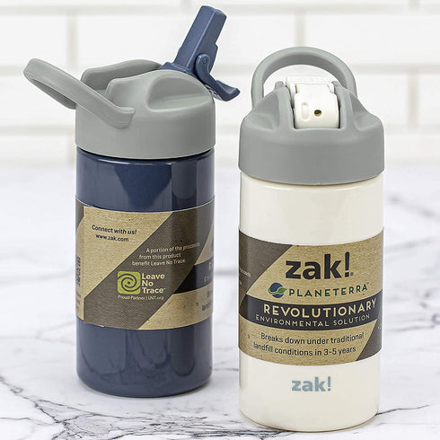 Zak Designs Planeterra Ivory & French Navy 18 oz Set of 2 Reusable Straw Water Bottle with Built-In Handle for Travel, Made with Durable Plastic