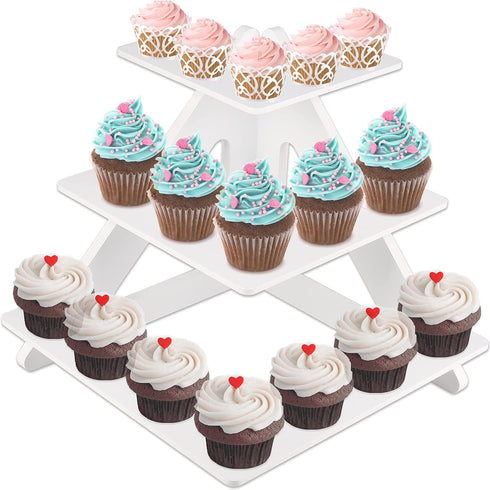 Cupcake Stand - Wooden 3 Tier Collapsible Serving Tray - White Tiered Cupcake Stand - Farmhouse Tiered Tray Decor - Cake Stands for Dessert Table - Tea PartiesCupcake Stands - Wedding Cupcake Stand
