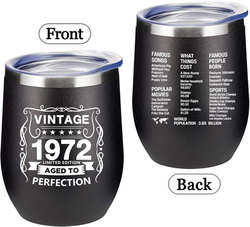 50th Birthday Gifts for Women and Men - 1972 50th Birthday Decorations - 12 Oz Insulated Stainless Steel Wine Tumbler with Lid for Her Wife Mom Grandma Aunt Friend, Black