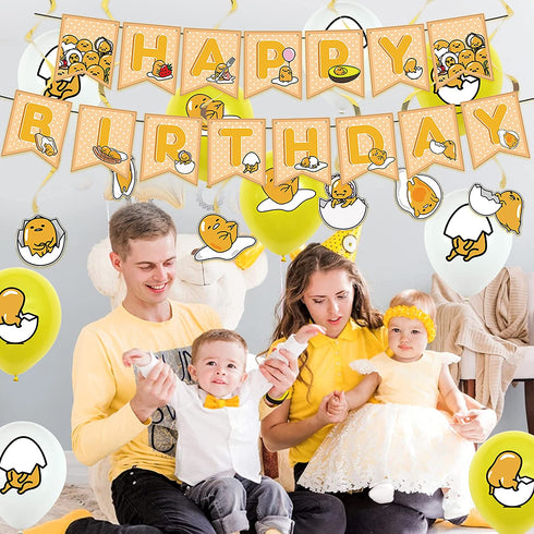 38 Pcs Gudetama Theme Birthday Party Decorations,Party Supply Set for Kids with 1 Happy Birthday Banner Garland , 13 Cupcake Toppers, 18 Balloons,6 Spiral for Party Decorations