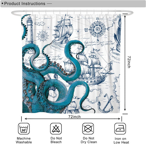 DESIHOM Cool Octopus Shower Curtain Anime Nautical Shower Curtain Teal Kraken Shower Curtain Sailboat Pirate Shower Curtain Polyester Fabric-72" x 72"