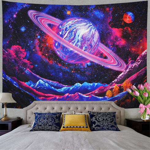 Galaxy Tapestry Trippy Planet Tapestry Psychedelic Mountain Wall Tapestry Space Tapestry Starry Sky Tapestry Forest Tree Tapestry Wall Hanging for Home Decor(78.7"x59.1")