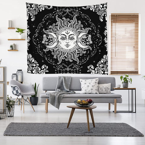 HYPREST Black and White Tapestry for Bedroom, Sun and Moon Tapestry, Burning Sun with Stars Psychedelic Tapestry Indie Wall Tapestry for Living Room Decor With Clips and Hooks (59" x 79"inches)