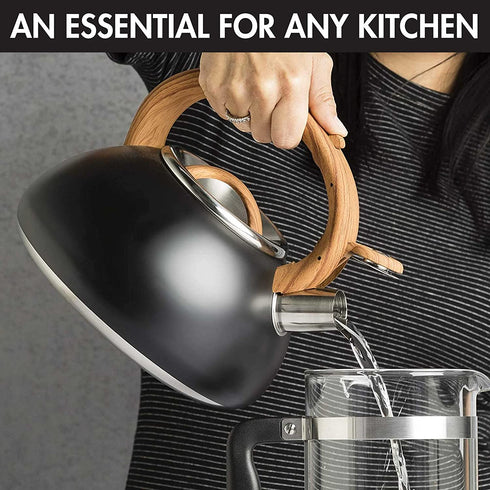 Primula Avalon Whistling Stovetop Tea Kettle Food Grade Stainless Steel Hot Water, Fast to Boil, Cool Touch Handle, 2.5 Quart, Black