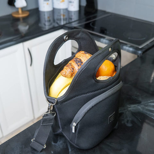 Made Easy Kit Large Insulated Lunch Tote Carrier for Women Men with Front Zipper Pocket, Soft Lightweight, Travel Ready with Padded Shoulder Strap and Magnetic Clasp Handle (Black, Large)