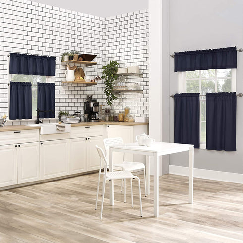 No. 918 Martine Microfiber Semi-Sheer Rod Pocket Kitchen Curtain Valance and Tiers Set, 54 in x 24 in (3 Piece), Navy Blue