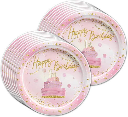 Pink and Gold 1st Birthday Party Supplies Set Plates Napkins Cups Tableware Kit for 16