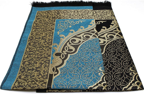 Islamic Prayer Rug Thin Woven Chenille and Taffeta Turkish Sajadah Intricate Design Metallic Ottoman Mat (Black + Blue)
