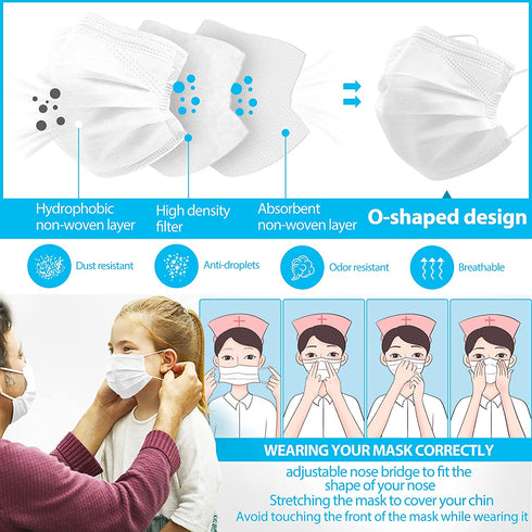 SKYPRO 50PCS Medical Grade ASTM Level 1 Standard 3-Ply Kids White Disposable Face Mask Protective PPE