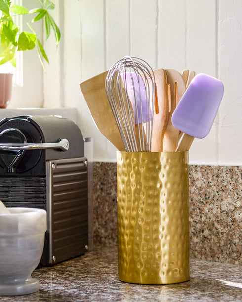 Satin Brass Kitchen Utensil Holder for Countertop | Extra Large 7 Inch X 4 Inch Utensil Caddy with Felt Bottom for Grip & to Protect Surfaces | Kitchen Decor Utensil Organizer | Copper Kitchen