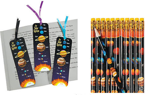 4 Dozen (48) Laminated Solar System Bookmarks - & 2 Dozen (24) Planet Pencils - Outer Space Party Favors - Galaxy - Science Outer Space Teacher Classroom Giveaways Incentive