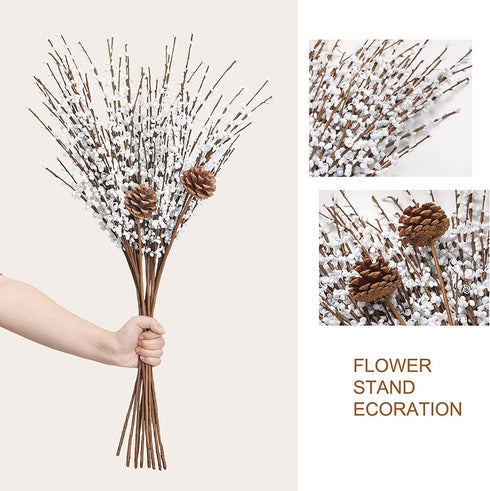Houele - Long Stem Artificial Flowers for Tall Vase, Fake Branches, Pussy Willow Branches Home Vase Fillers for Home Hotel Office Bedroom DIY Decor (10 Pcs White + 2 Pcs Pine Cones)