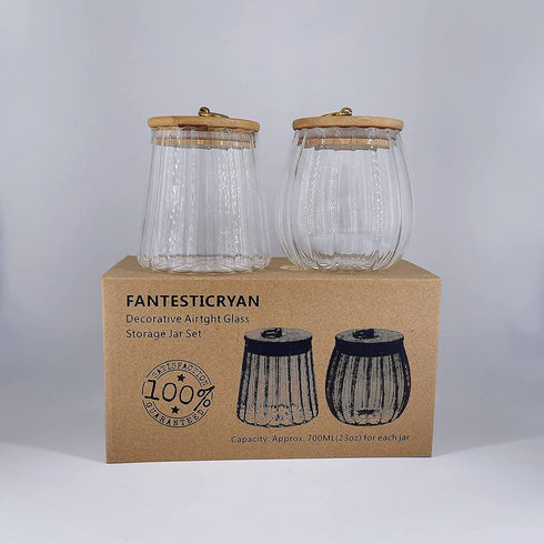 Small Glass Coffee Nuts Canister Airtight Storage Jar Petal Decorative Container with Bamboo Lid Metal Handle Easy to Grasp 700ml, 23 FL OZ (Set of 2)
