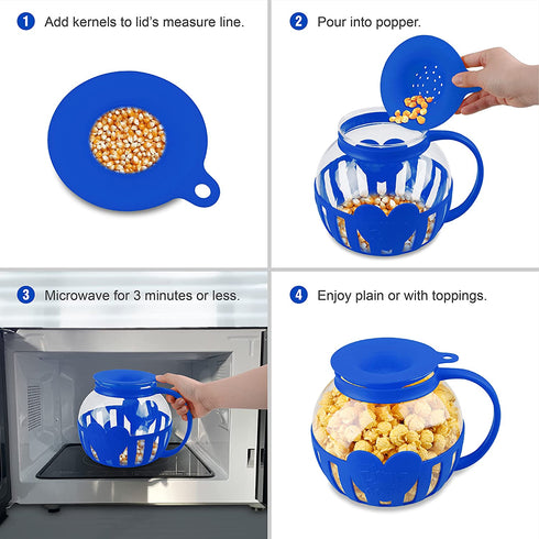 Tahoe Trail Christmas Gifts Borosilicate Glass Microwave Popcorn Popper Maker with Lid, BPA Free Hot Air Microwave Popcorn Maker Bowl, Use In Microwave or Oven, Dishwasher Safe, 3 Quart Family Size (Blue)